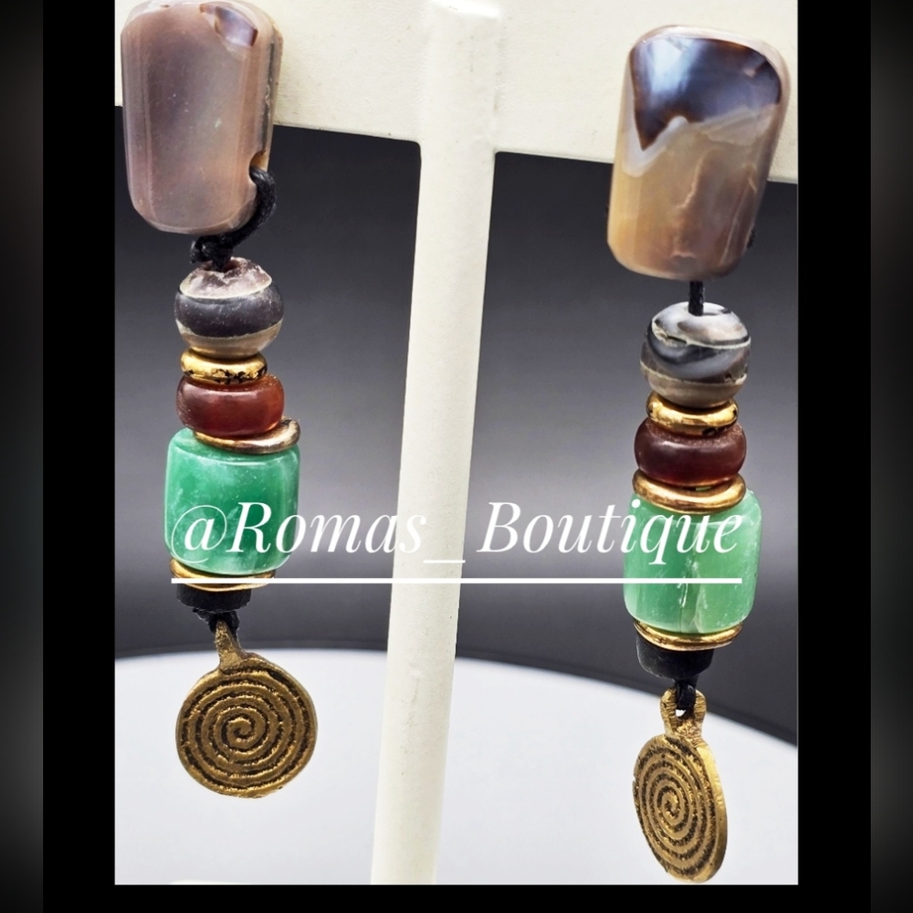Elegant Multi-Color Stone And Gold Tone Vintage Dangle Earrings